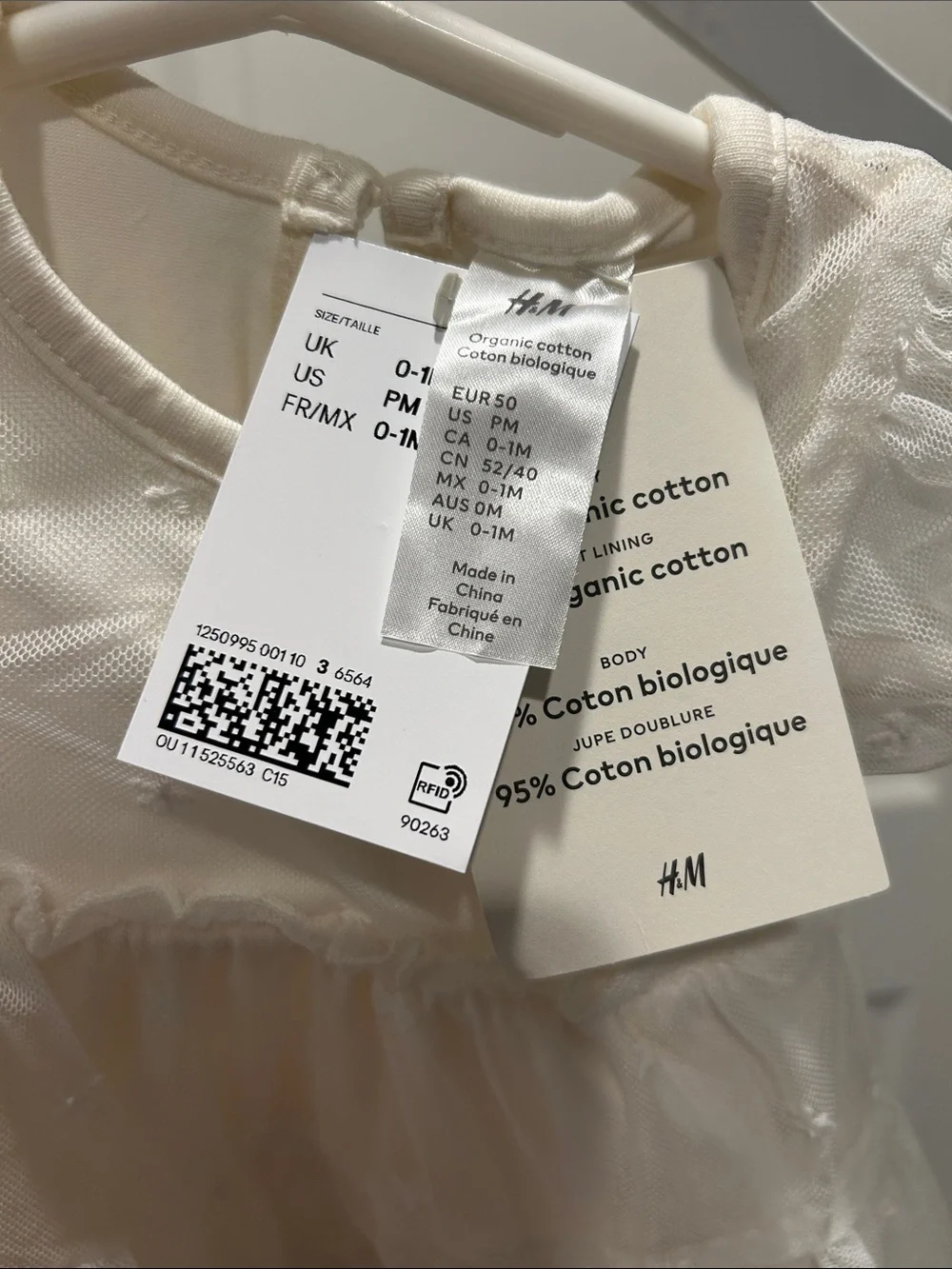 H&M Ivory Lace Embroidered Bodysuit Baby Dress - Organic Cotton